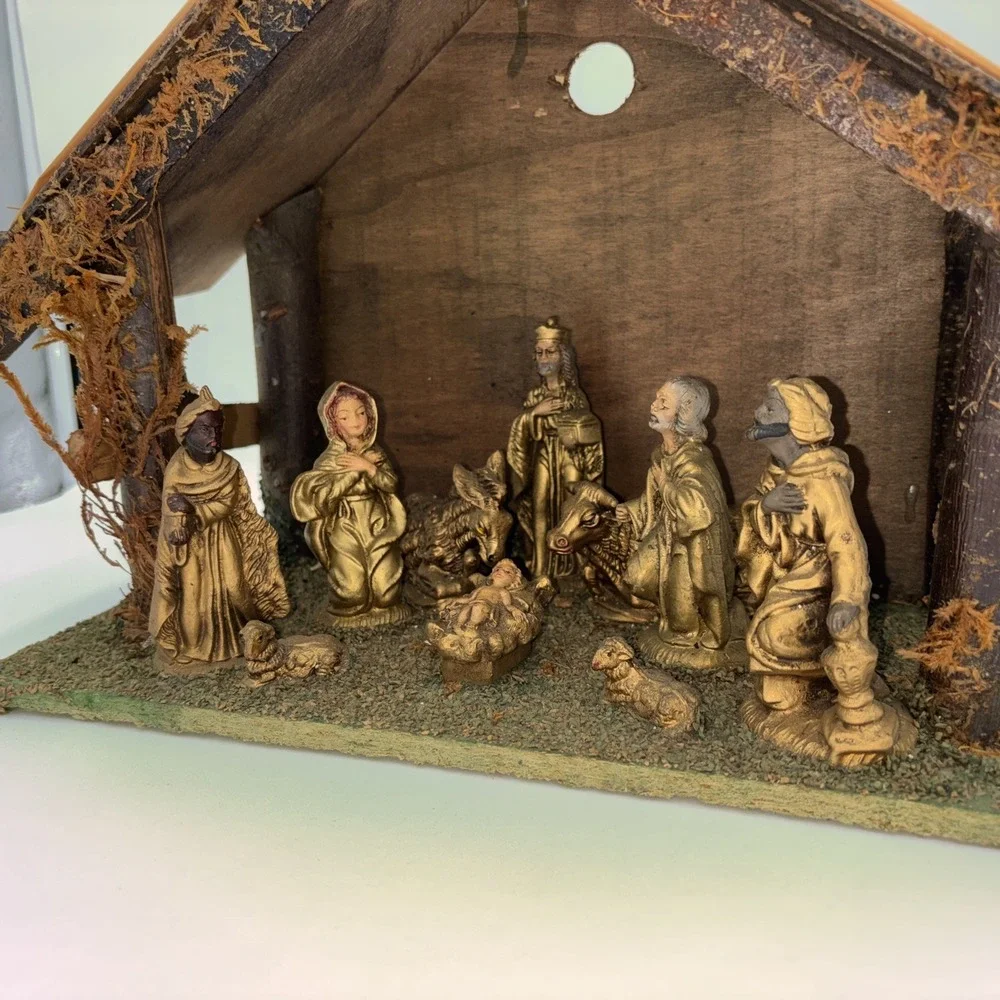 VTG Nativity Scene Crèche Set Rustic Stable Antique Gold Look Fixed Figurines